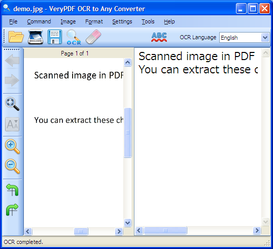 main interface of JPEG to TXT OCR recognizer