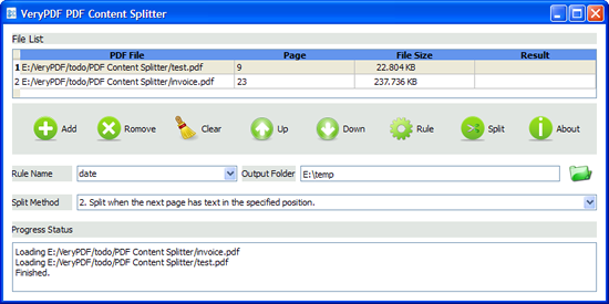 interface of PDF File Content Splitter