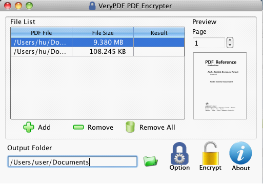 User interface of VeryPDF PDF Encrypter for Mac