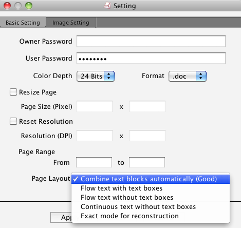 setting dialog of PDF to Word Converter for Mac