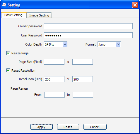 setting dialog of PDF to BMP Converter