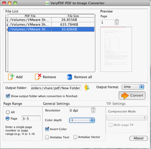 main window of PDF to image for Mac OS