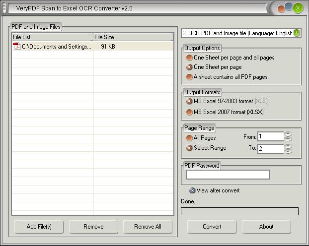 main interface of Scanned Image to XLS Converter