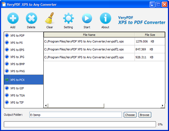 interface of VeryPDF XPS to PCX Converter