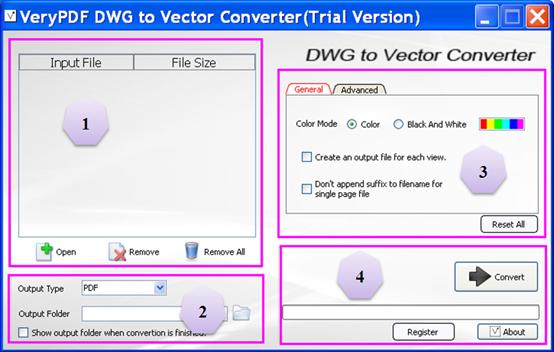 the interface of VeryPDF DWG to Vector Converter