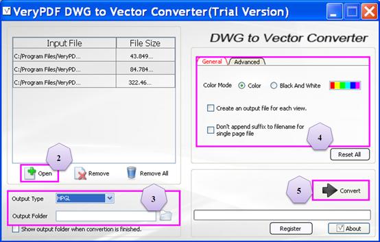 the interface of VeryPDF DXF to HPGL Converter