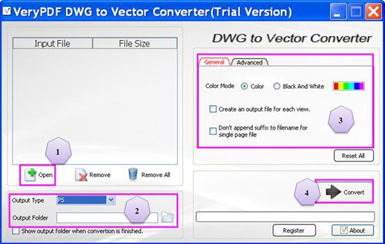 The interface of VeryPDF DXF to PS converter