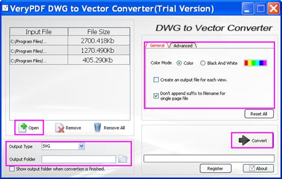 the interface of VeryPDF DXF to SVG Converter