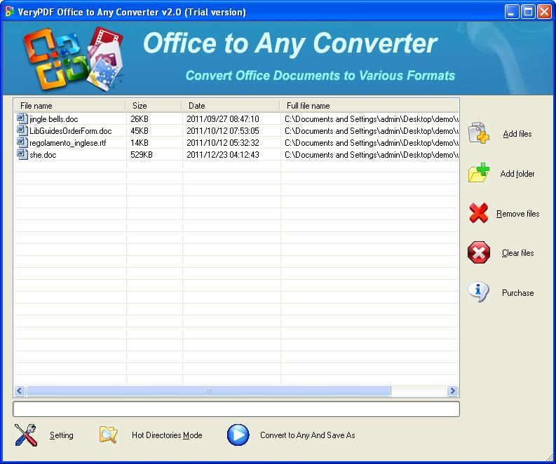 main interface of Word to Raster Converter