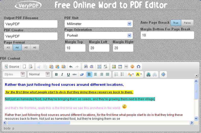 save word to PDF in VeryPDF Online Word to PDF Editor
