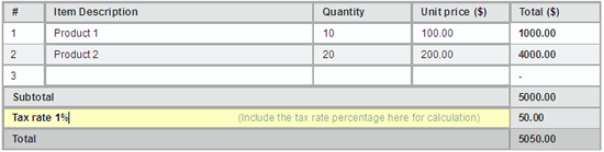 fill in item tables and tax rate