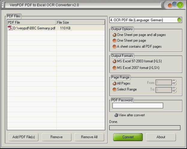 Interface of VeryPDF PDF to Excel OCR Converter