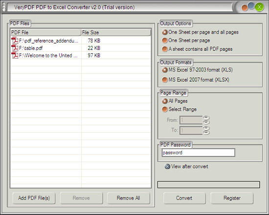 interface of PDF to Excel Converter