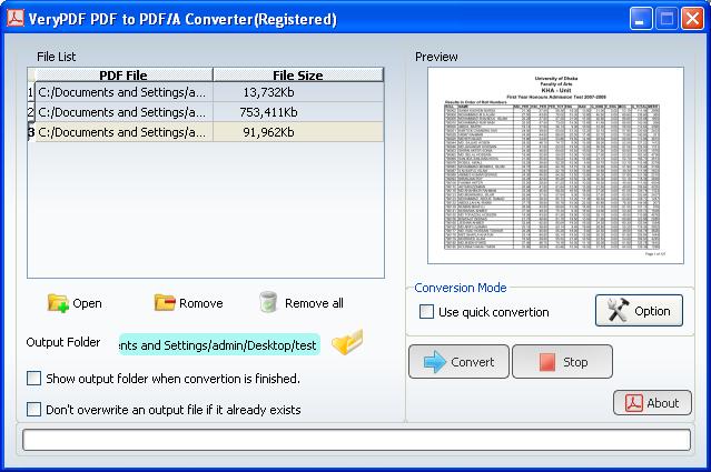 The interface of PDF to PDF/A Conversion Tool