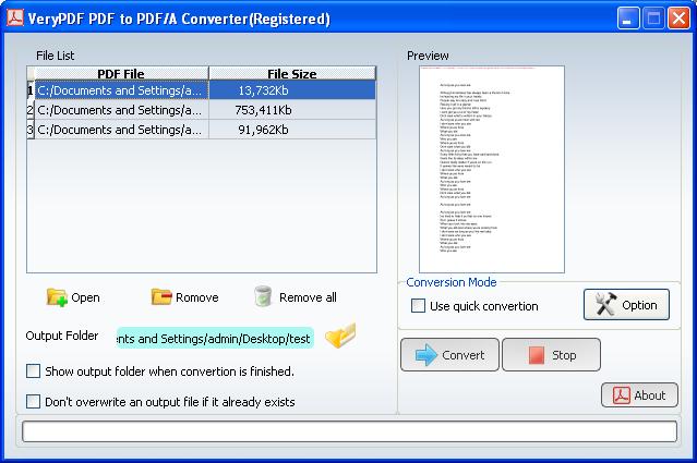 main interface of PDF to PDF/A Conversion Utility