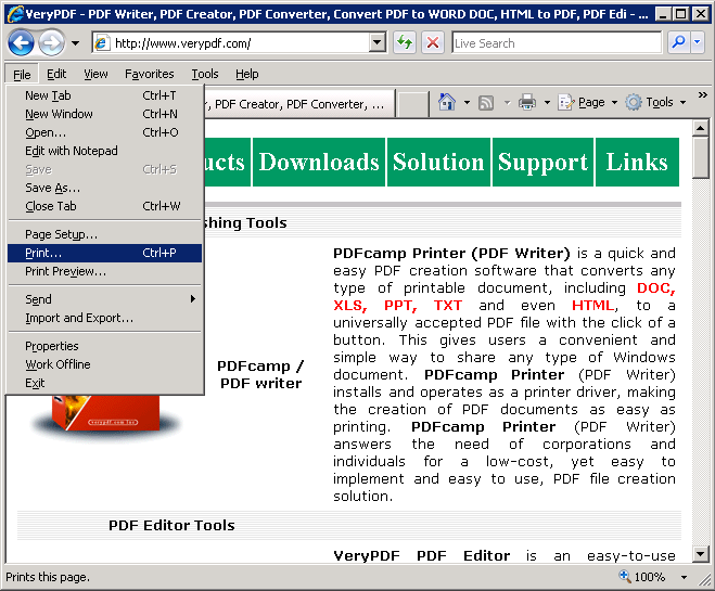 Print HTML file or Web page to PDF file