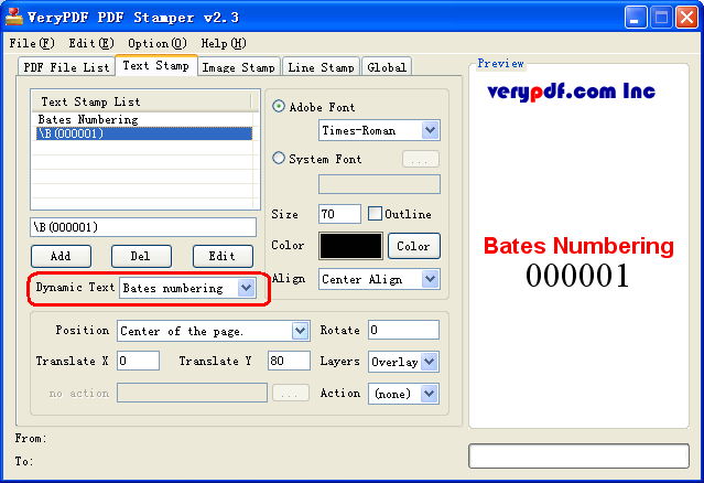 Screnshot of PDF Bates Number software
