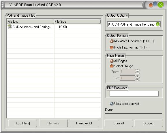 GUI of TIFF to Word OCR Converter