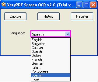 options in the Language combo box of VeryPDF Screen Text Reader