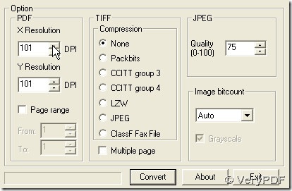 panel for setting DPI and image bitcount etc.
