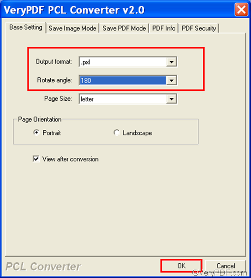 set options to convert PRN to PXL and rotate the page
