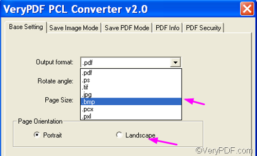 set options to convert PCL to BMP and set page orientation