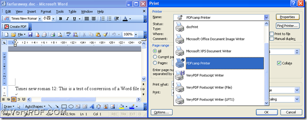 open doc file and select "PDFcamp Printer" and click "Properties" on print panel