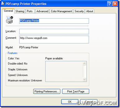 properties panel of PDFcamp Printer