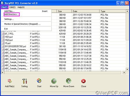 interface of verypdf pcl converter