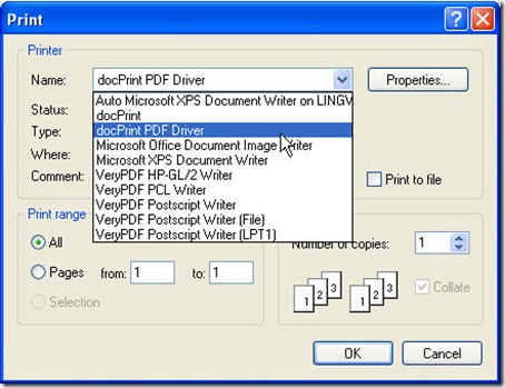 docPrint PDF driver interface