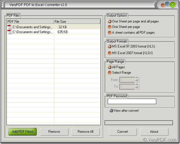 main window of PDF to Excel Converter