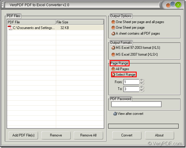 set page range in PDF to Excel Converter