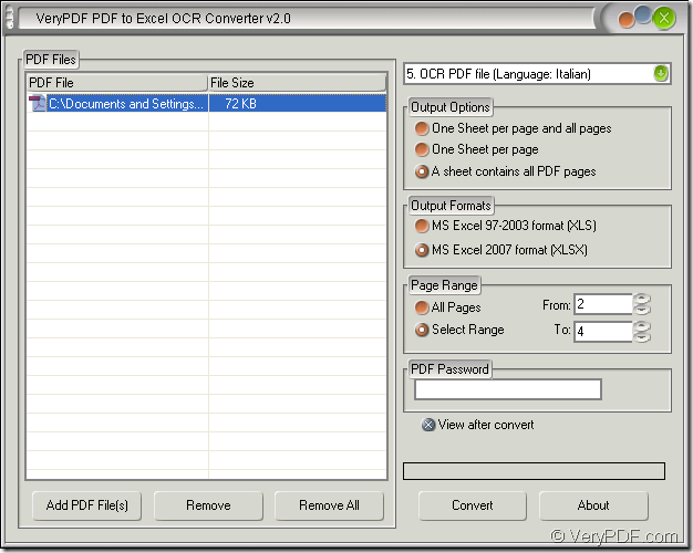 window of PDF to Excel OCR Converter