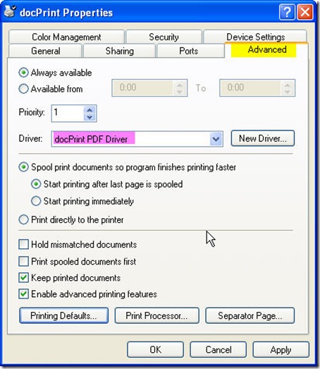properties of docPrint PDF Driver