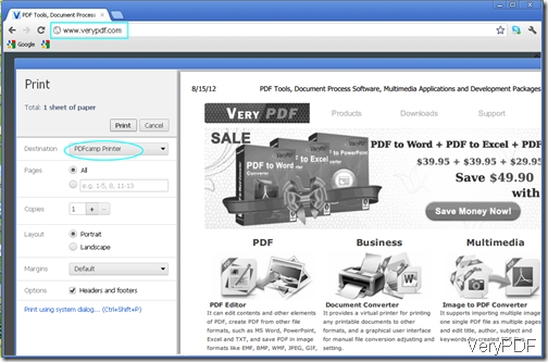 Choose PDFcamp as virtual printer