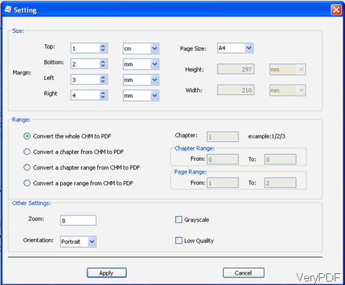 menu options of CHM to PDF Converter