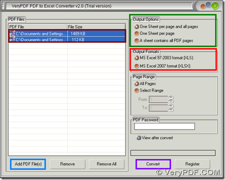Convert PDF to Excel with GUI interface of VeryPDF PDF to Excel Converter