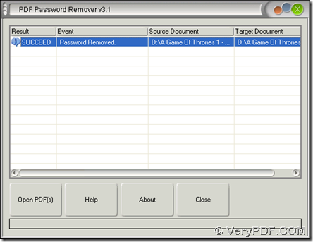 GUI interface of VeryPDF PDF Password Remover after removing PDF master passwords with restrictions