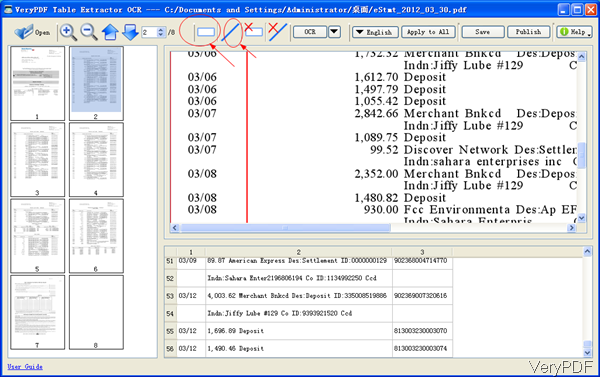 software interface of Table Extractor OCR 