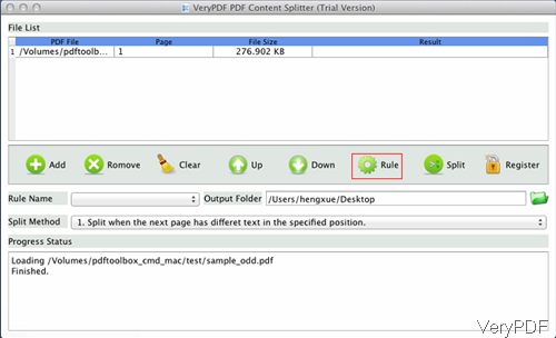 software interface of PDF Content Splitter for Mac