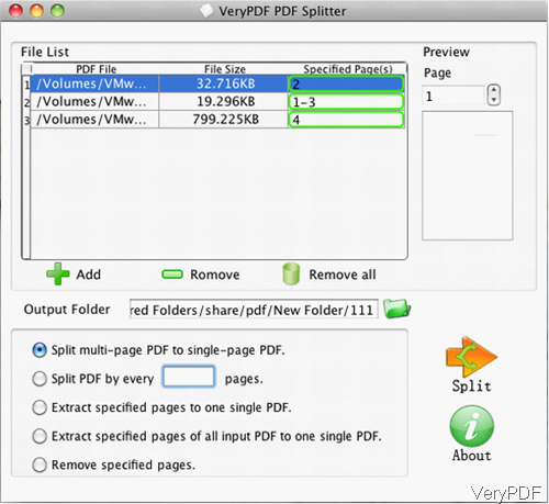 software interface of PDF Split