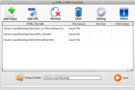 interface of HTML to PDF Converter for Mac