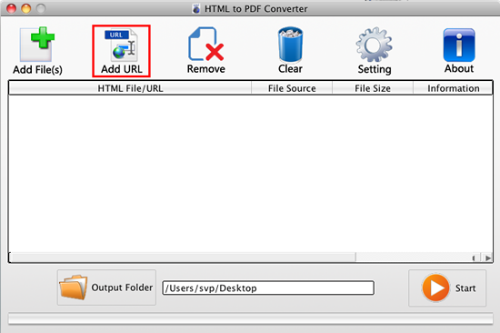 interface of URL to PDF Converter for Mac OS X