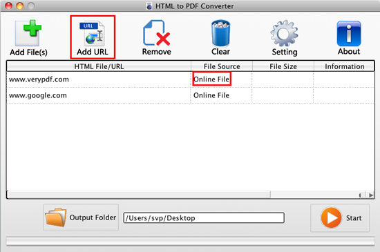 main window of Webpage to PDF Converter for Mac OS