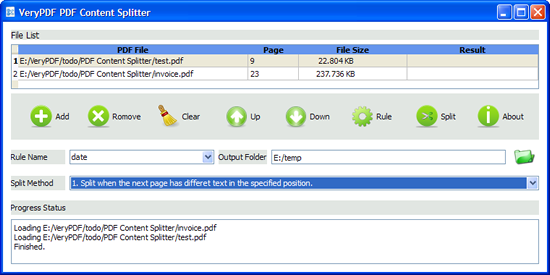 interface of VeryPDF PDF Content Splitter