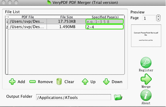 Interface of PDF Page Merger for Mac OS X