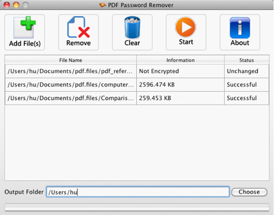 user interface of PDF File Unlocker for Mac OS X.