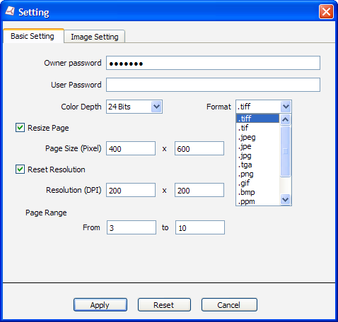 setting dialog of PDF to Image Converter