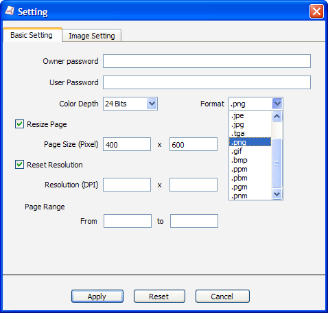 setting dialog of PDF to PNG Converter