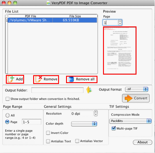 user interface of PDF to Image Converter for Mac